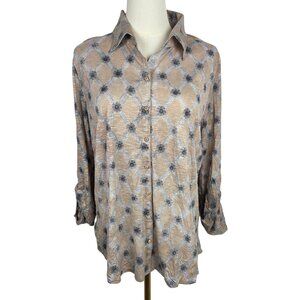 David Cline Shirt Size Large Snap Front Beige & Gray Geometric Print Sequins